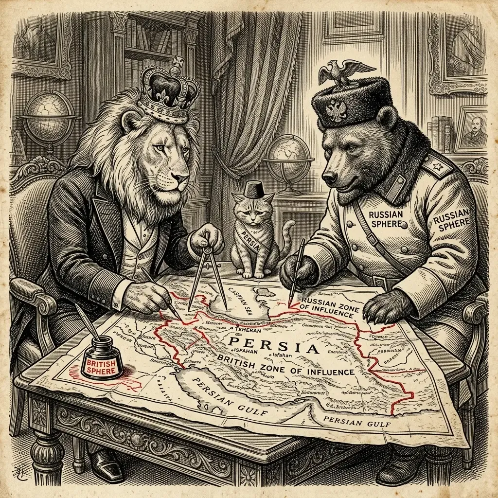 Satirical political cartoon showing the British Lion and Russian Bear dividing Persia on a map while the Persian Cat looks on.