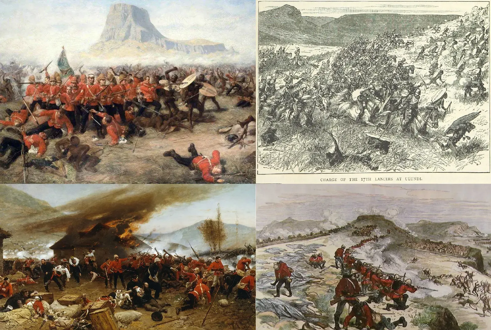 Collage of scenes from the Anglo-Zulu War (1879).