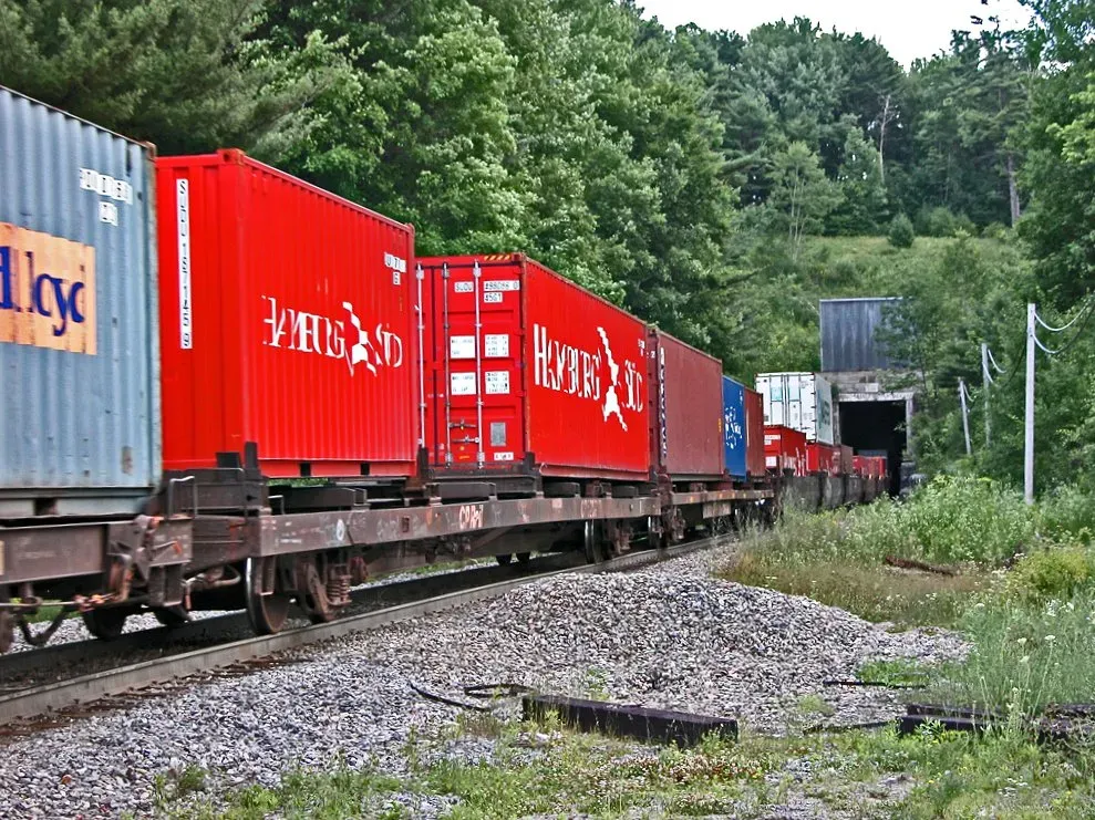 A freight train approaching the west portal of the Belden Hill Tunnel in Broome County, New York - the site of the 1869 railroad war between the Albany and Susquehanna and Erie railroads