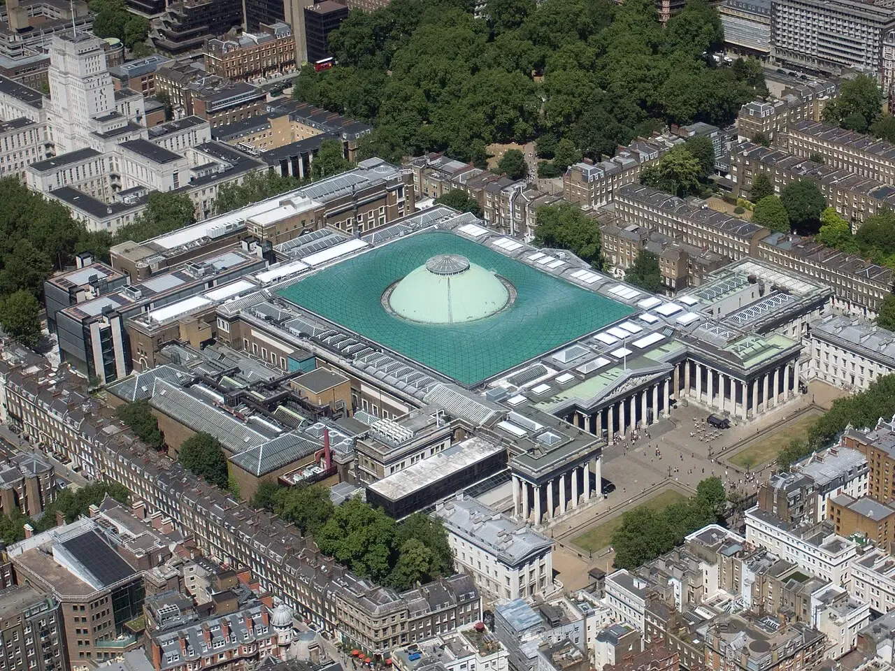 Aerial view of the British Museum in Bloomsbury, London, with the glass-roofed Great Court.