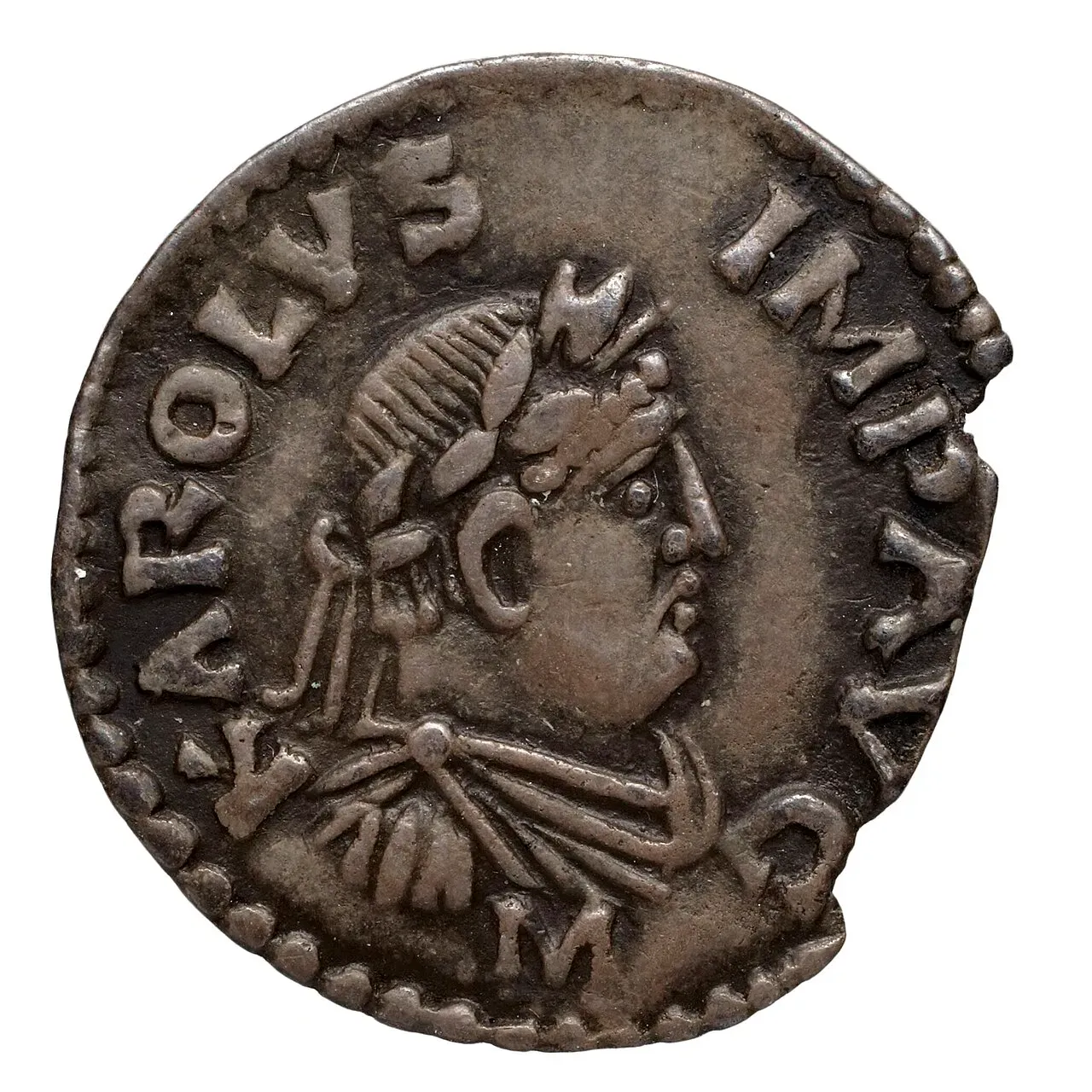 Silver denier of Charlemagne minted at Mainz, 812–814, with imperial monogram.