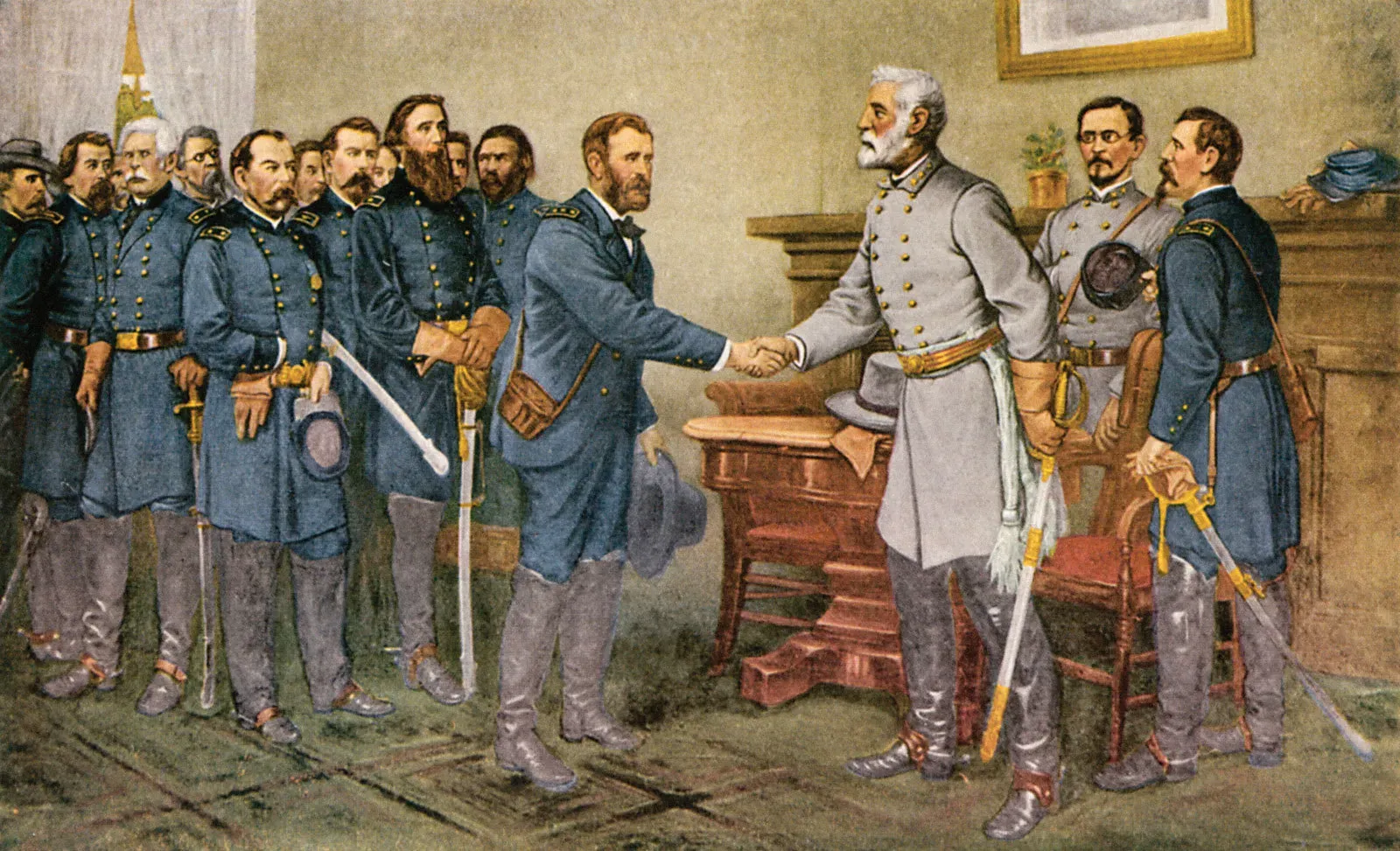 Painting of Robert E. Lee surrendering to Ulysses S. Grant at Appomattox Court House, April 1865
