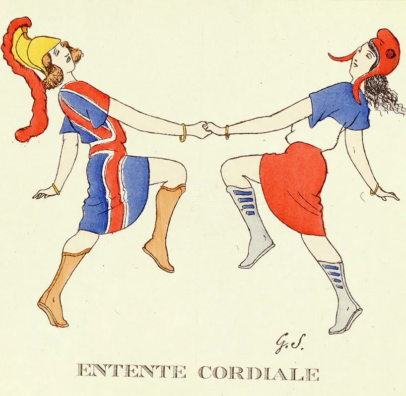 Punch cartoon 'Entente Cordiale' (1904) showing Britain and France dancing together after the agreement.