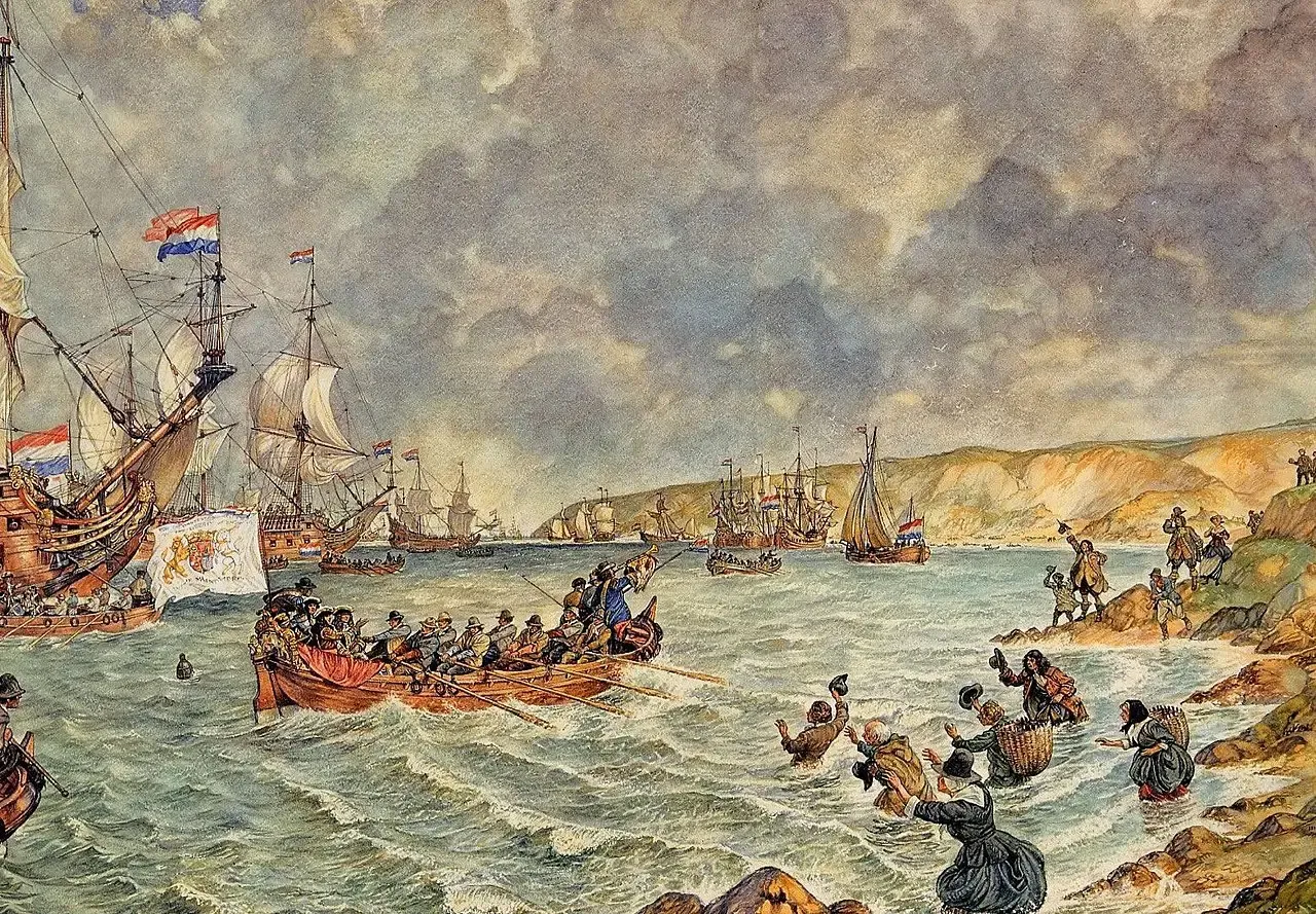 Painting of William of Orange and his Dutch army landing at Brixham, Devon, November 1688.