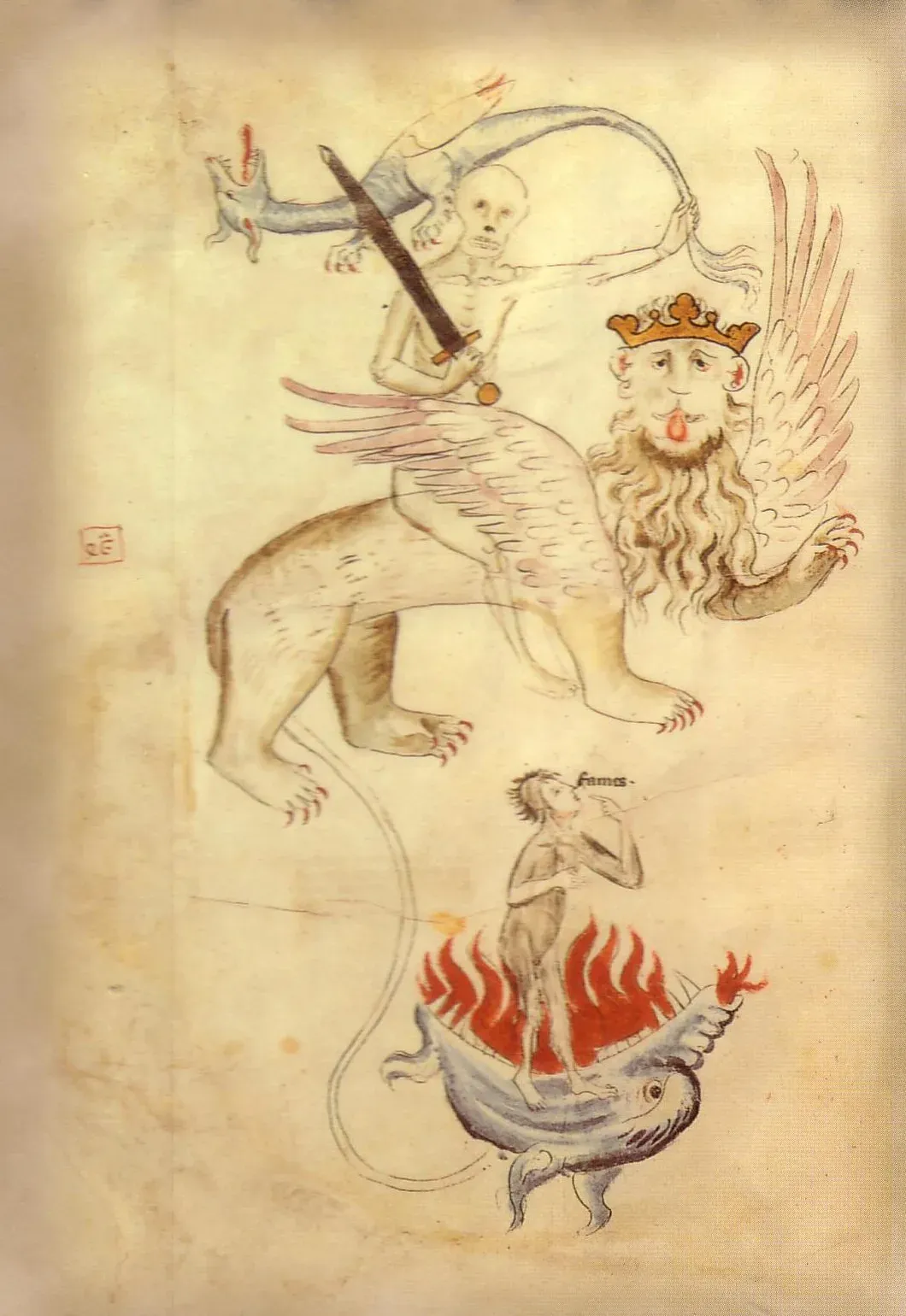 Death astride a lion, from a Biblia Pauperum Apocalypse illuminated at Erfurt around the Great Famine