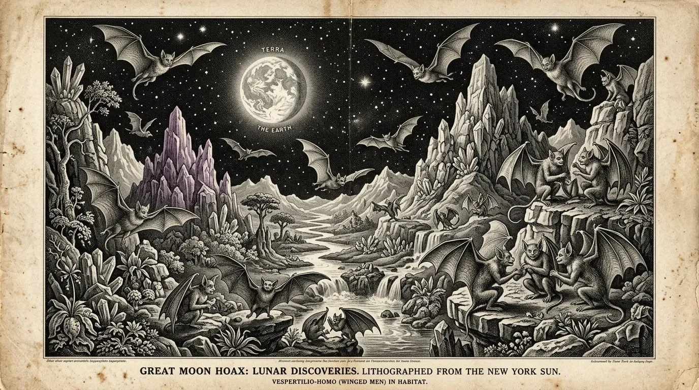 19th-century lithograph illustration depicting lunar winged humanoids and landscapes from the Great Moon Hoax