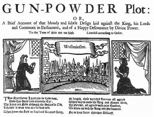 Contemporary engraving of the discovery of the Gunpowder Plot, with Guy Fawkes and barrels beneath the House of Lords.