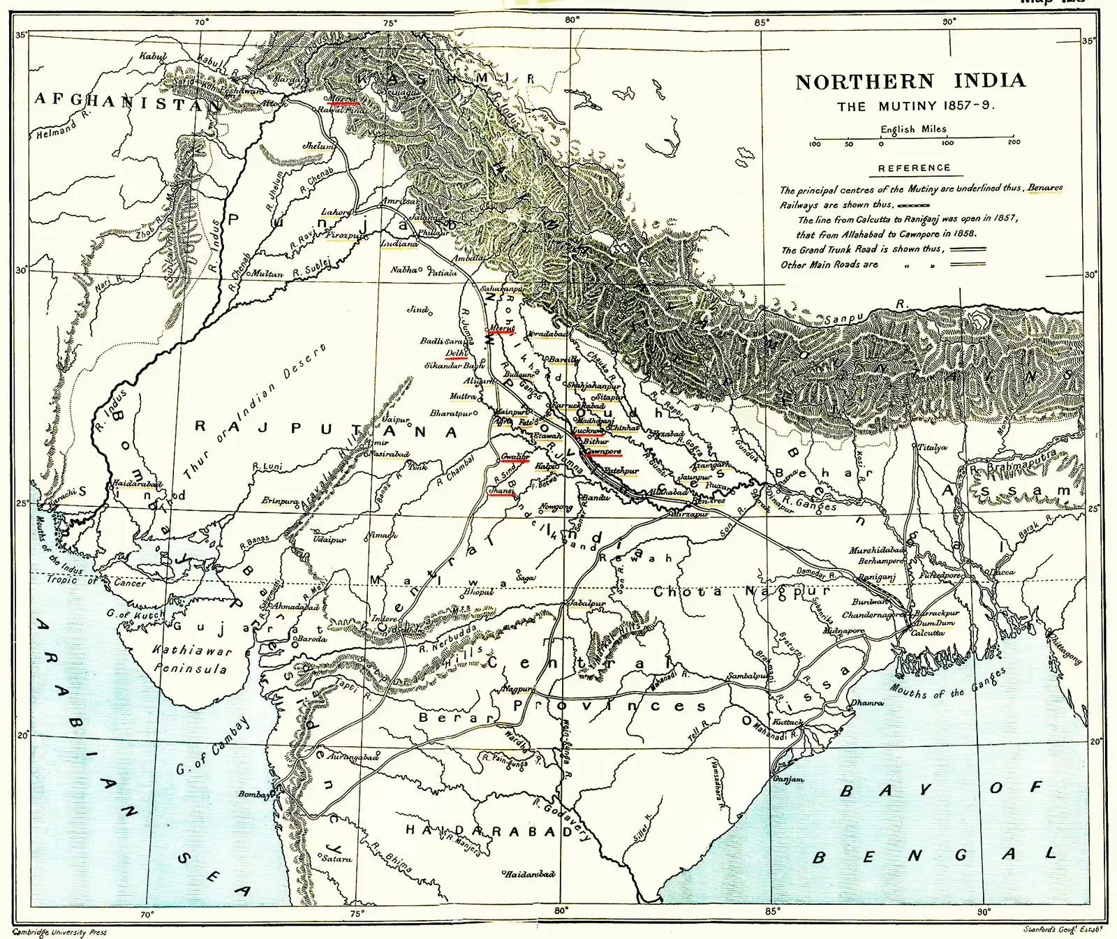 1912 map of Northern India showing the centres of the Indian Rebellion of 1857