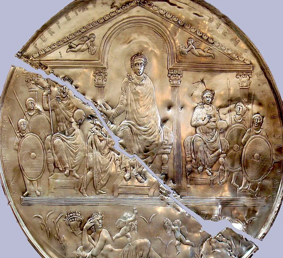 The Missorium of Theodosius I, a silver ceremonial dish showing the emperor with co-emperors Valentinian II and Arcadius