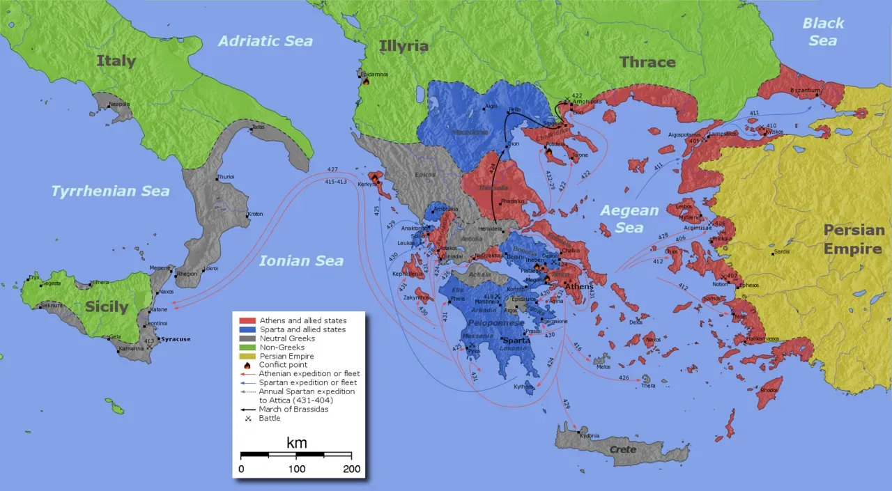 Map of the major alliances, theaters, and campaigns of the Peloponnesian War ending in 404 BC.