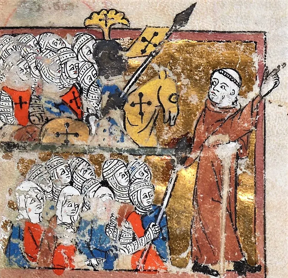 Peter the Hermit leading crusaders eastward, miniature from Egerton Manuscript 1500, France, circa 1325–1350