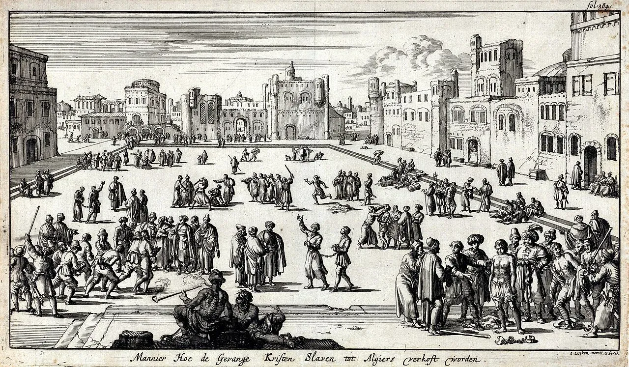 Engraving of the slave market in Algiers, Barbary corsair port