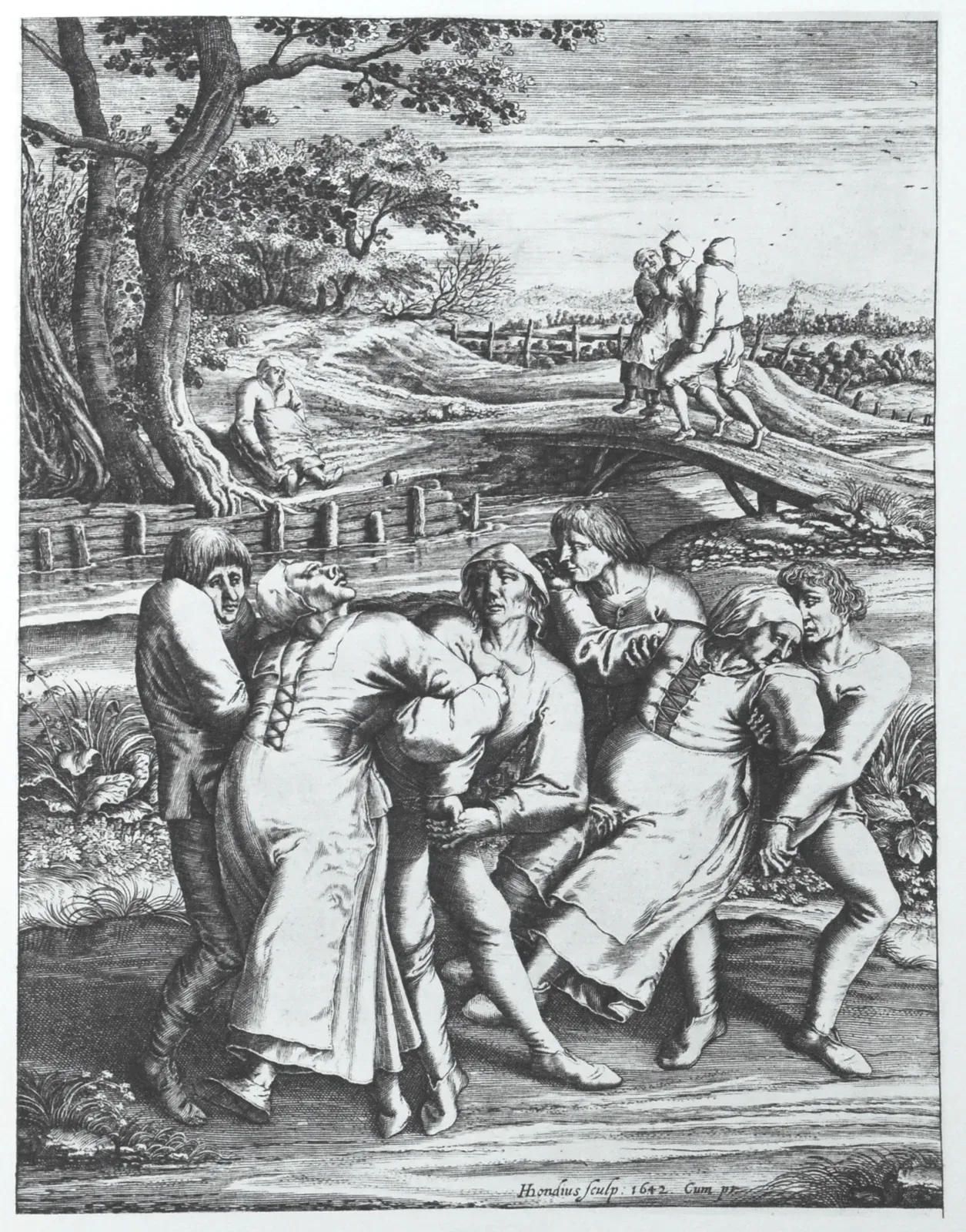 Pilgrimage of the dancing plague sufferers to Meulebeeck, medieval engraving
