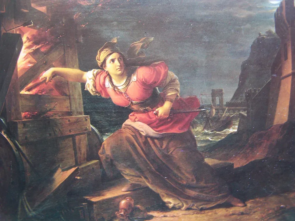 Painting of Stamira setting fire to the enemy siege engines at Ancona by Francesco Podesti, 1877