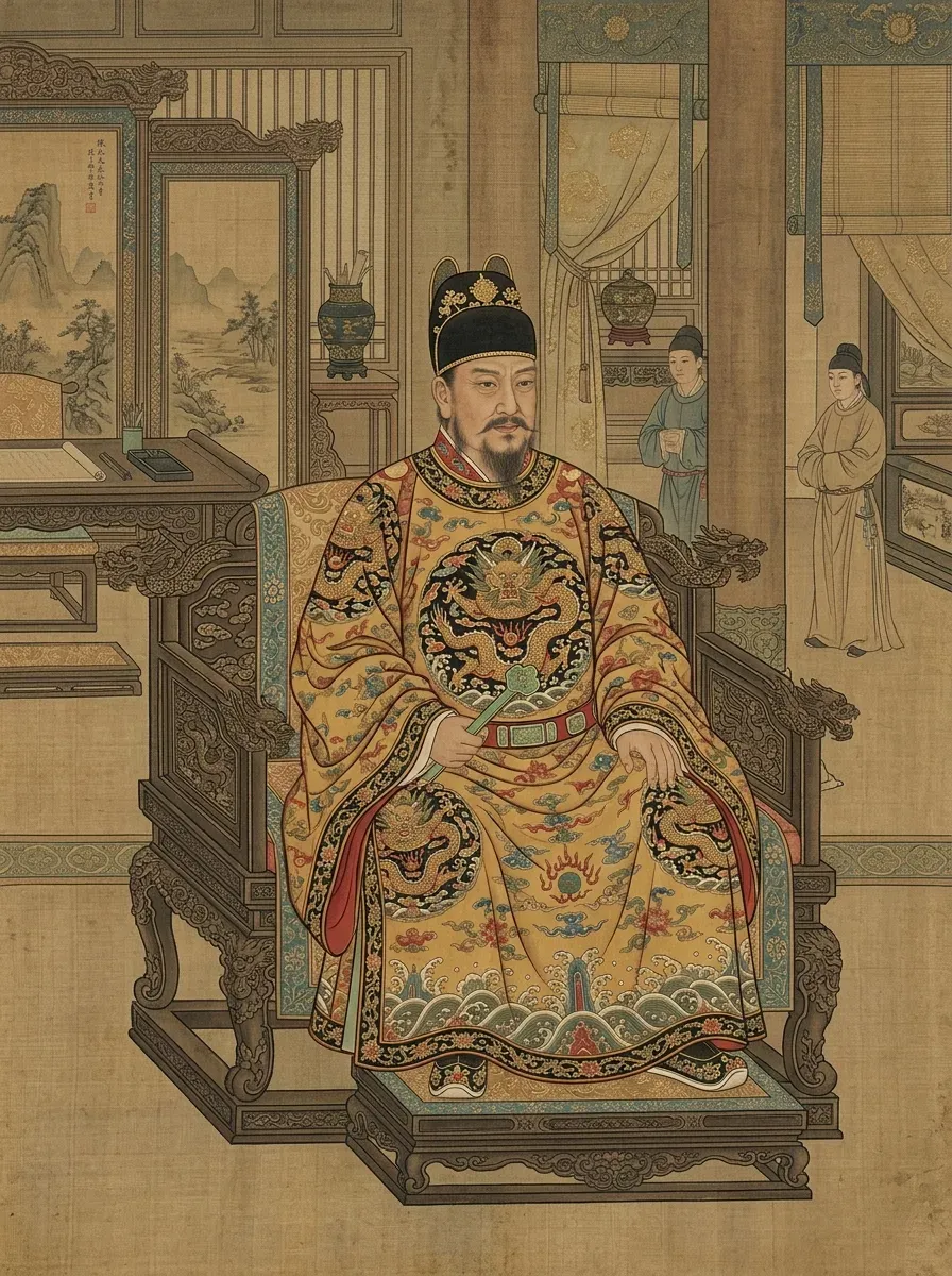 Court portrait of Emperor Taizong of Tang (Li Shimin), architect of the Zhenguan era.