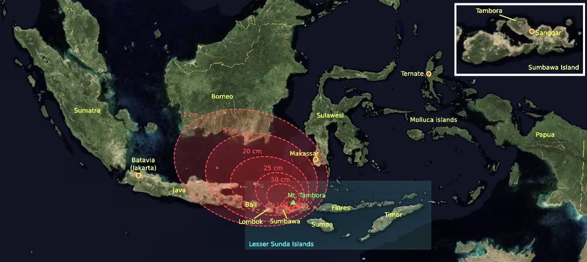Diagram of the scale of the 10 April 1815 eruption column of Mount Tambora, Sumbawa.