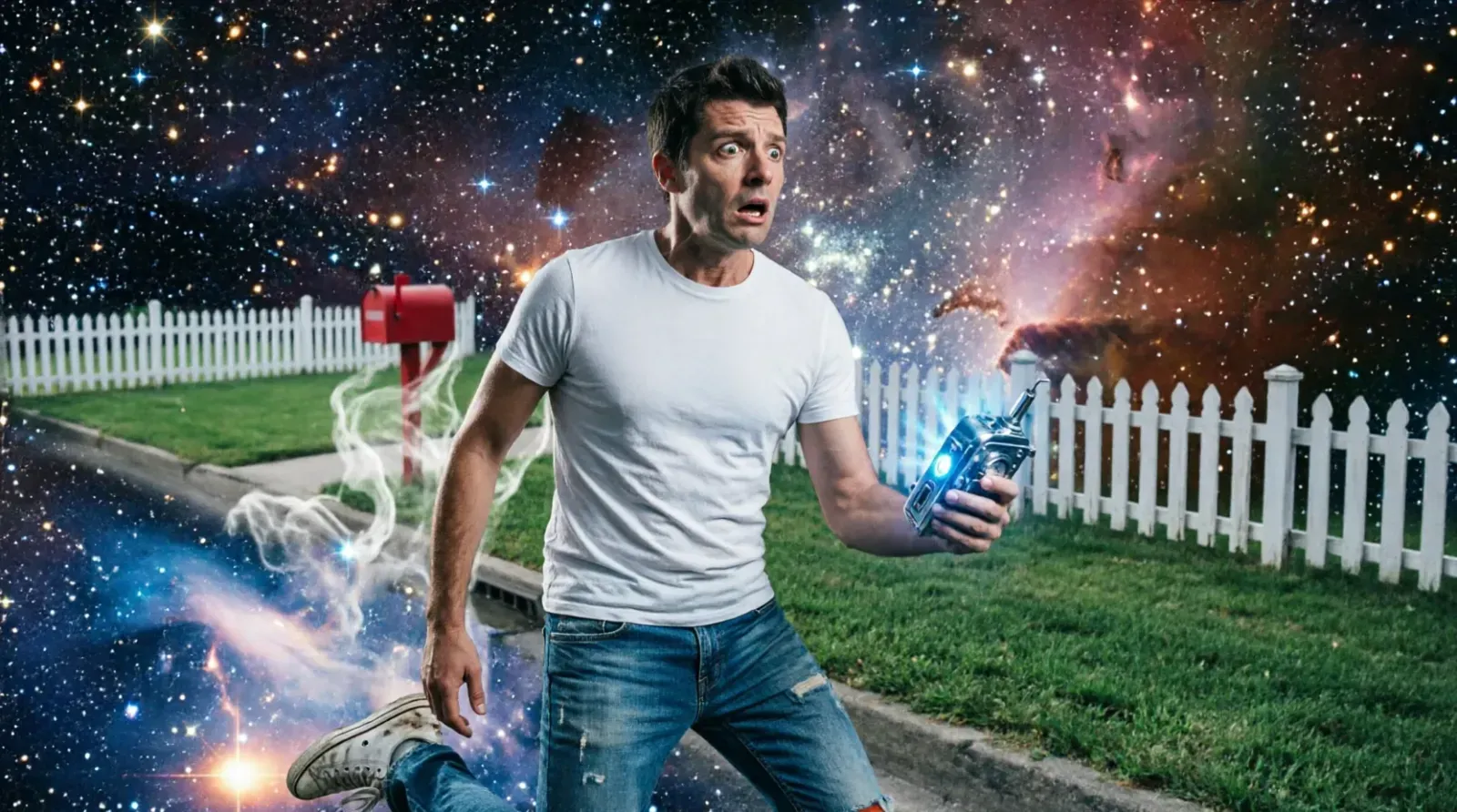 A man runs through a suburban street dissolving into a starfield, clutching a glowing device