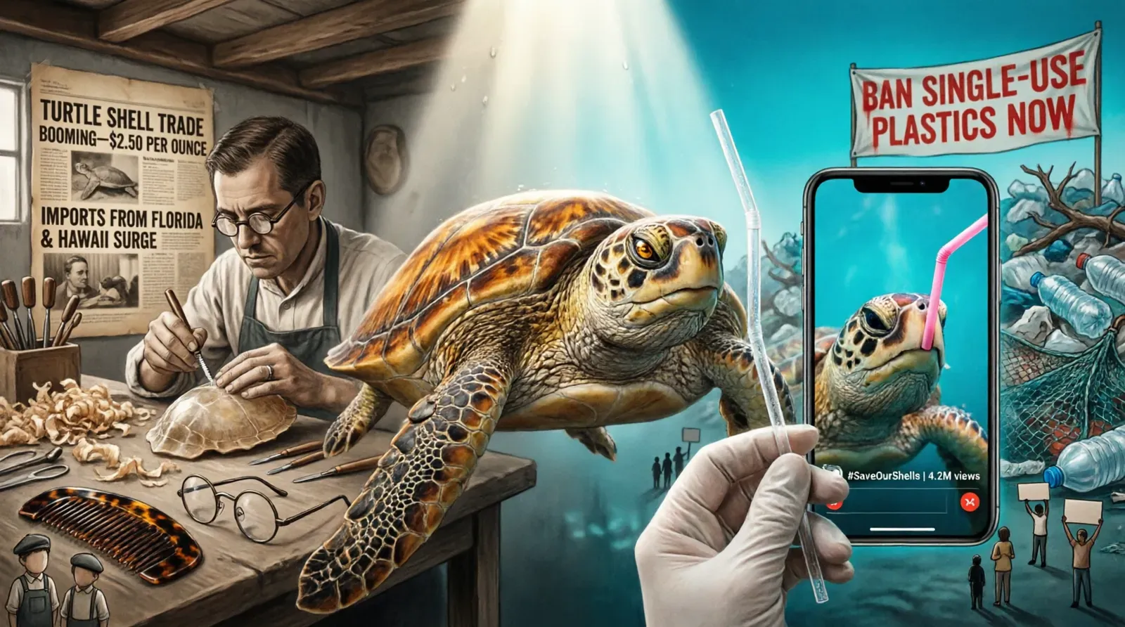 Illustration contrasting a 19th-century artisan carving tortoiseshell combs and spectacle frames with modern viral social media campaigns against plastic straws