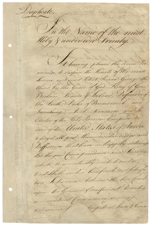 First page of the Treaty of Paris, 1783, by which Britain recognised the United States as independent.