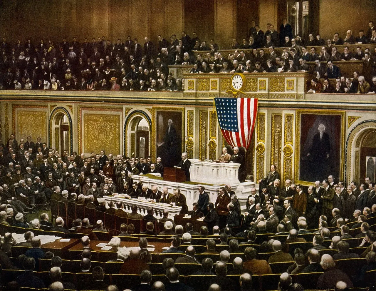 President Woodrow Wilson addressing Congress to ask for a declaration of war on Germany, 2 April 1917.