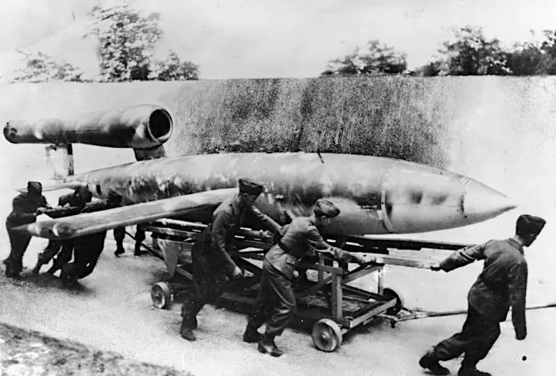 V-1 flying bomb on a launch ramp before takeoff, 1944