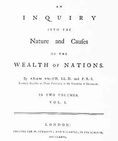 Title page of the first edition of The Wealth of Nations, published 9 March 1776
