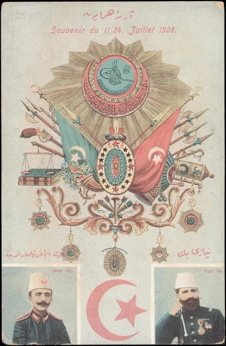 Enver Bey and Niyazi Bey, leaders of the Young Turk Revolution, 1908 postcard