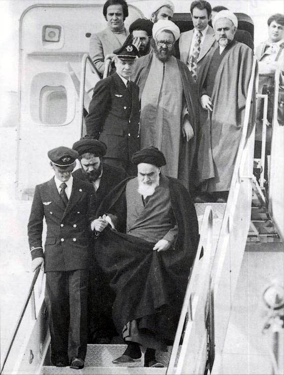 Ayatollah Ruhollah Khomeini disembarks from the airplane in Mehrabad Airport