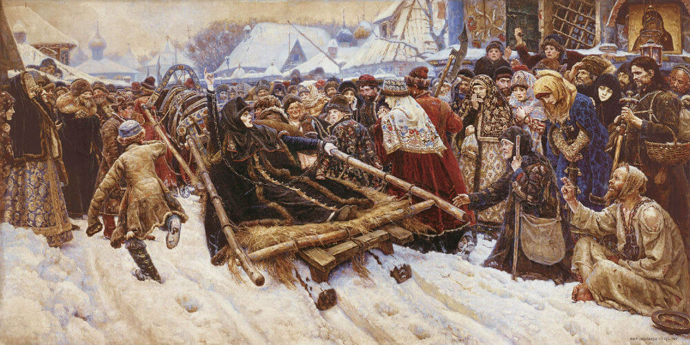 Boyaryna Morozova, a painting by V. I. Surikov. Morozova was one of the Old Believers, who was prosecuted for her faith