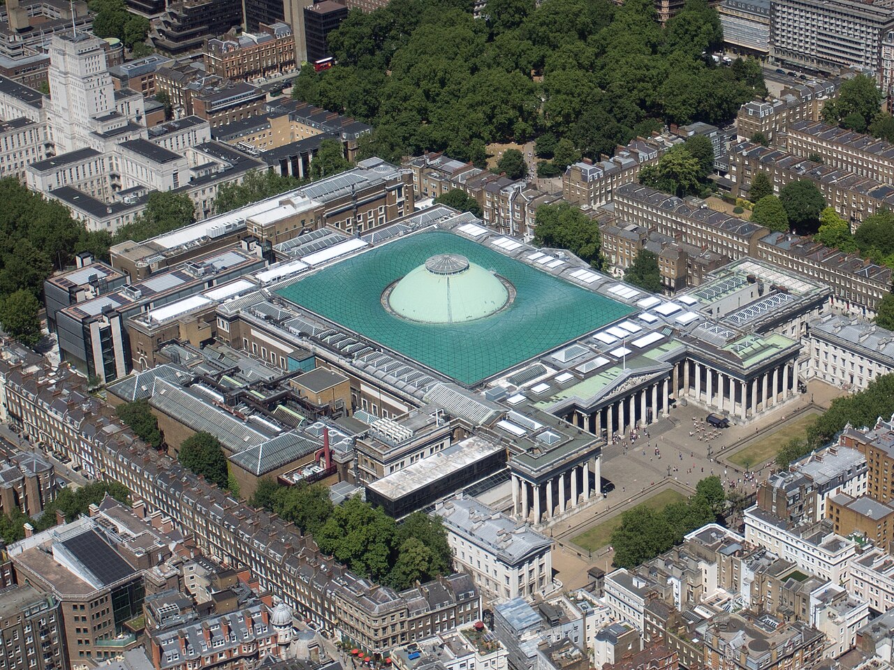 Aerial view of the British Museum in Bloomsbury, London, with the glass-roofed Great Court.