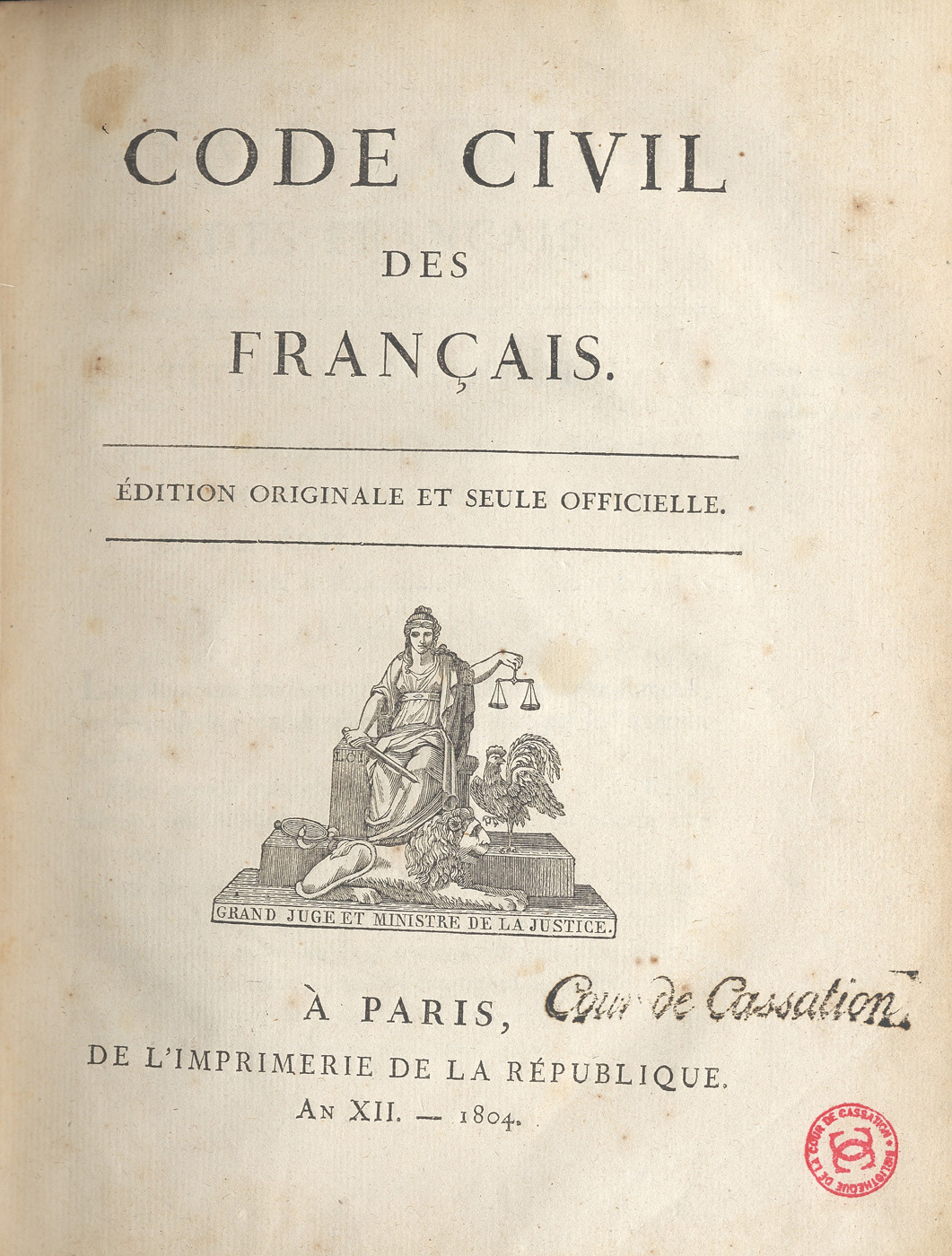 Title page of the Code civil des Français, original 1804 edition