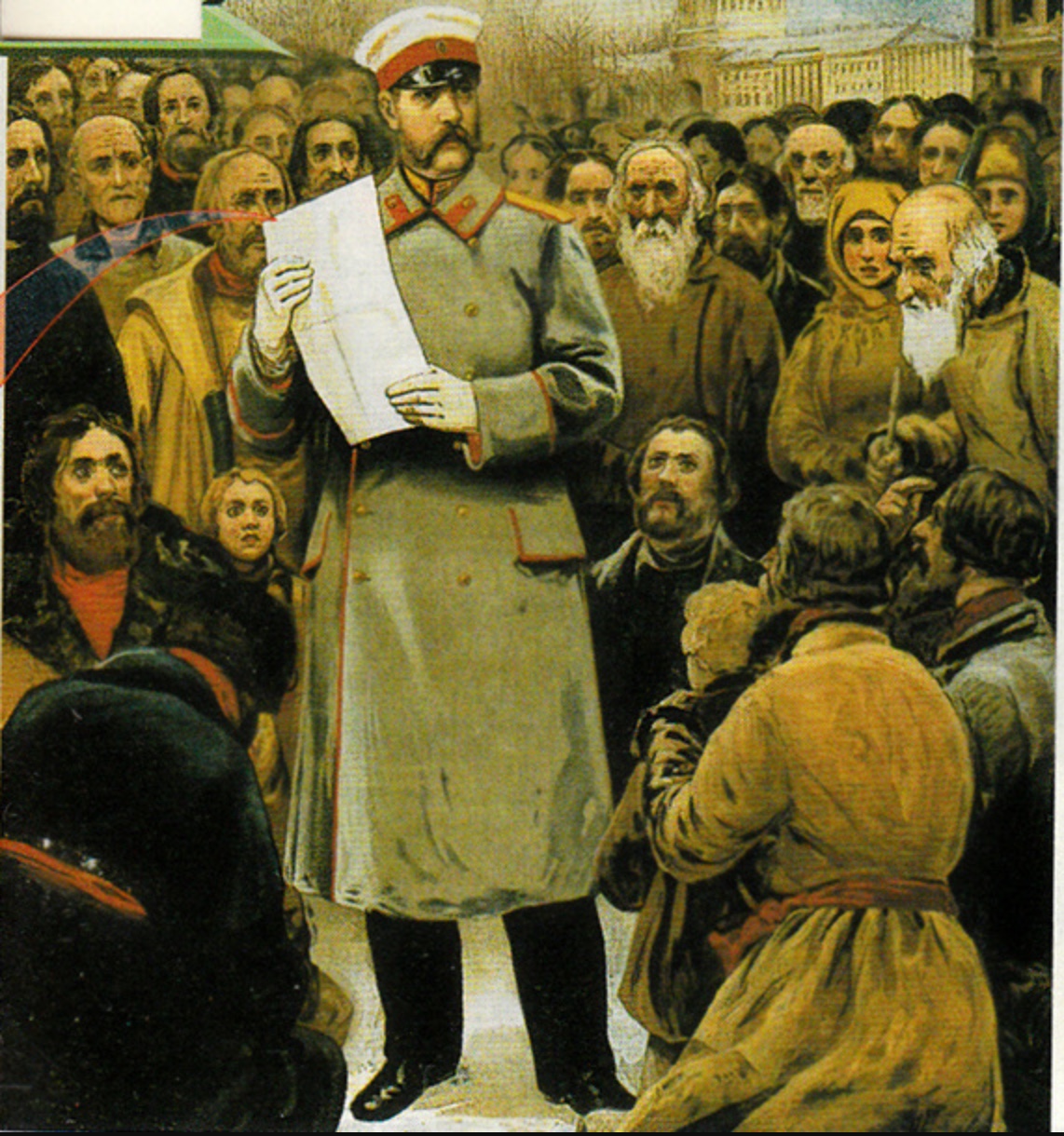 Tsar Alexander II reading the act of emancipation of the serfs in 1861, 19th century lithograph