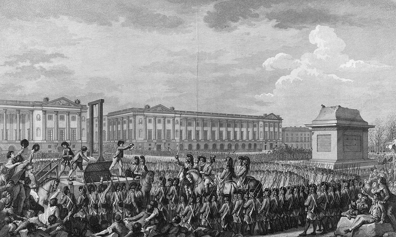 Contemporary print of the execution of Louis XVI by guillotine at the Place de la Révolution, 21 January 1793.