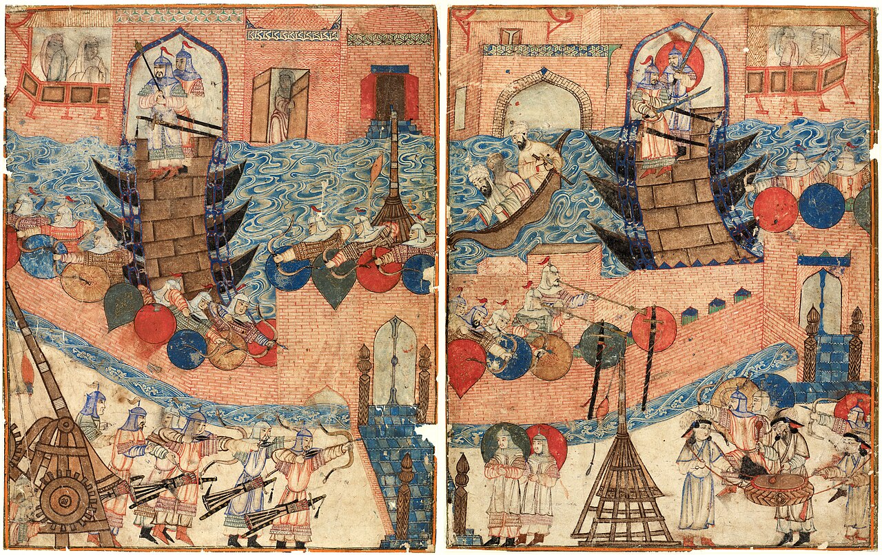 Depiction of Hulegu's army besieging Baghdad, from Rashid al-Din's Jami al-tawarikh, 14th century