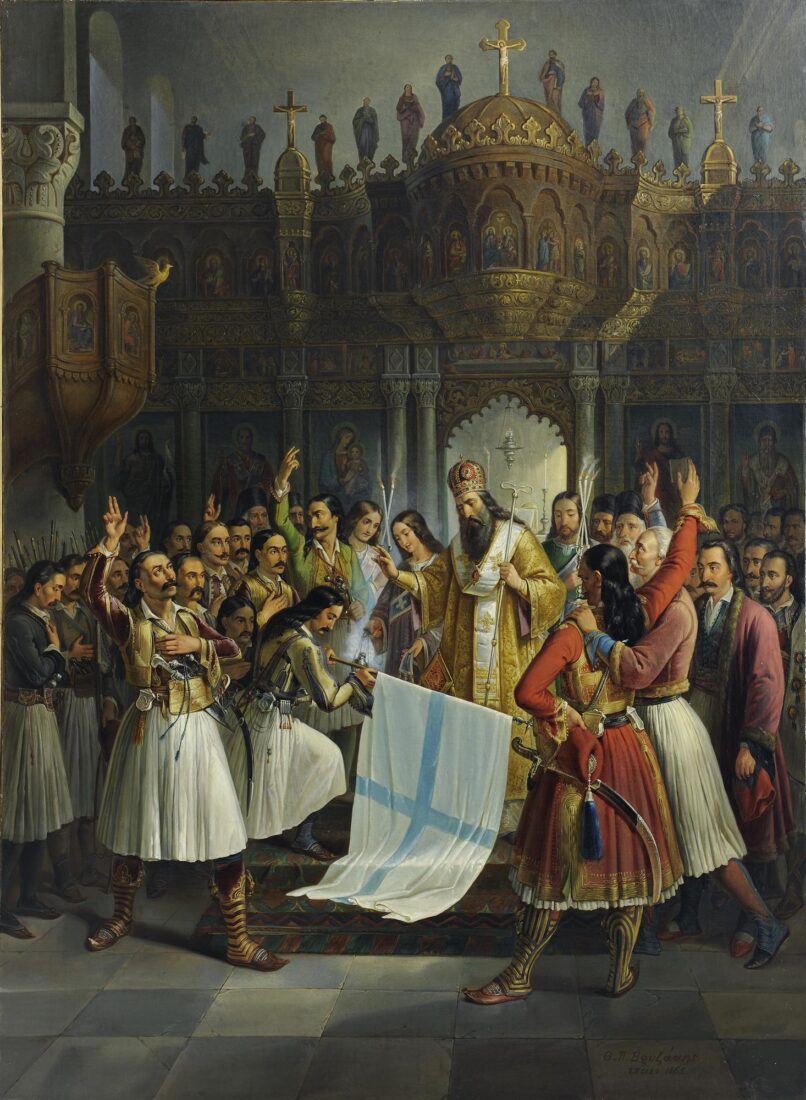 Bishop Germanos of Patras blessing the flag of the Greek Revolution at the Monastery of Agia Lavra, painting by Theodoros Vryzakis, 1865