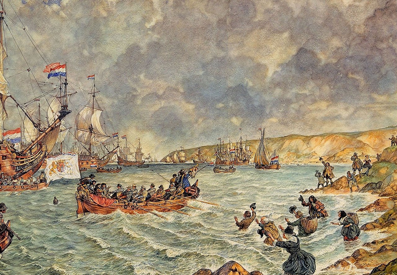 Painting of William of Orange and his Dutch army landing at Brixham, Devon, November 1688.