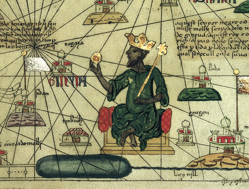 Depiction of Mansa Musa from the 1375 Catalan Atlas, holding a gold nugget and wearing a golden crown