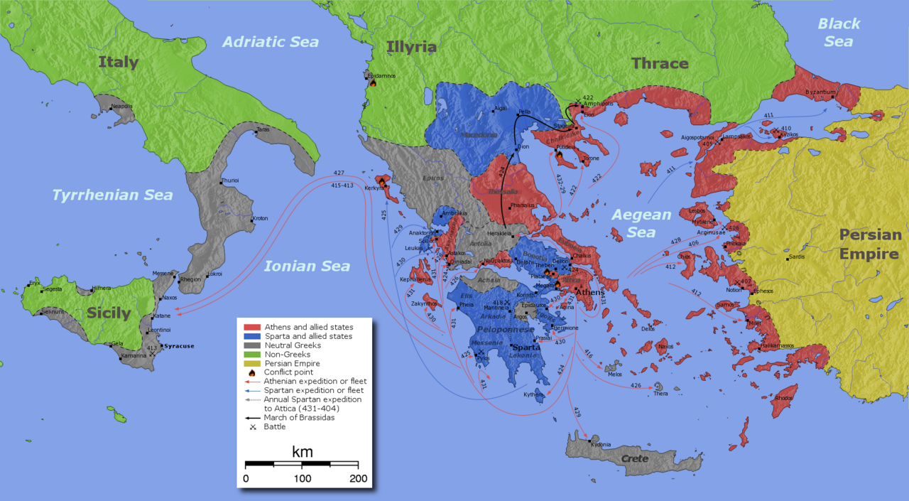 Map of the major alliances, theaters, and campaigns of the Peloponnesian War ending in 404 BC.