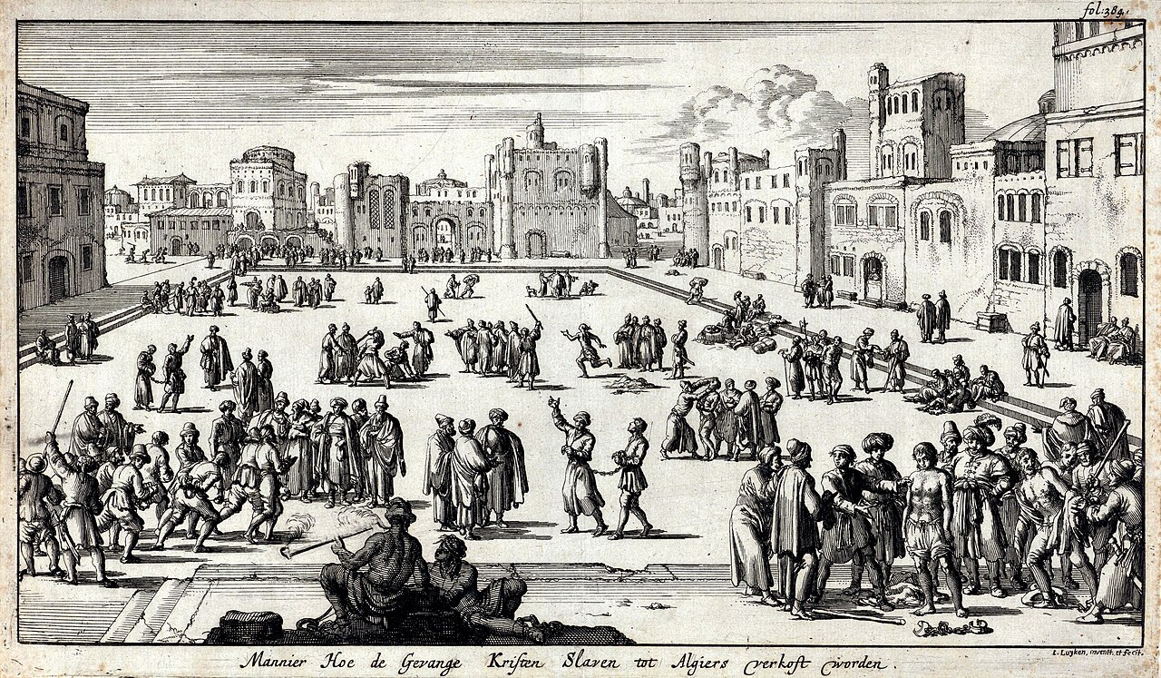 Engraving of the slave market in Algiers, Barbary corsair port