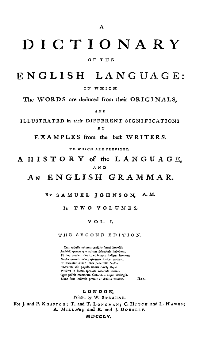 Title page of Samuel Johnson's 1755 A Dictionary of the English Language.