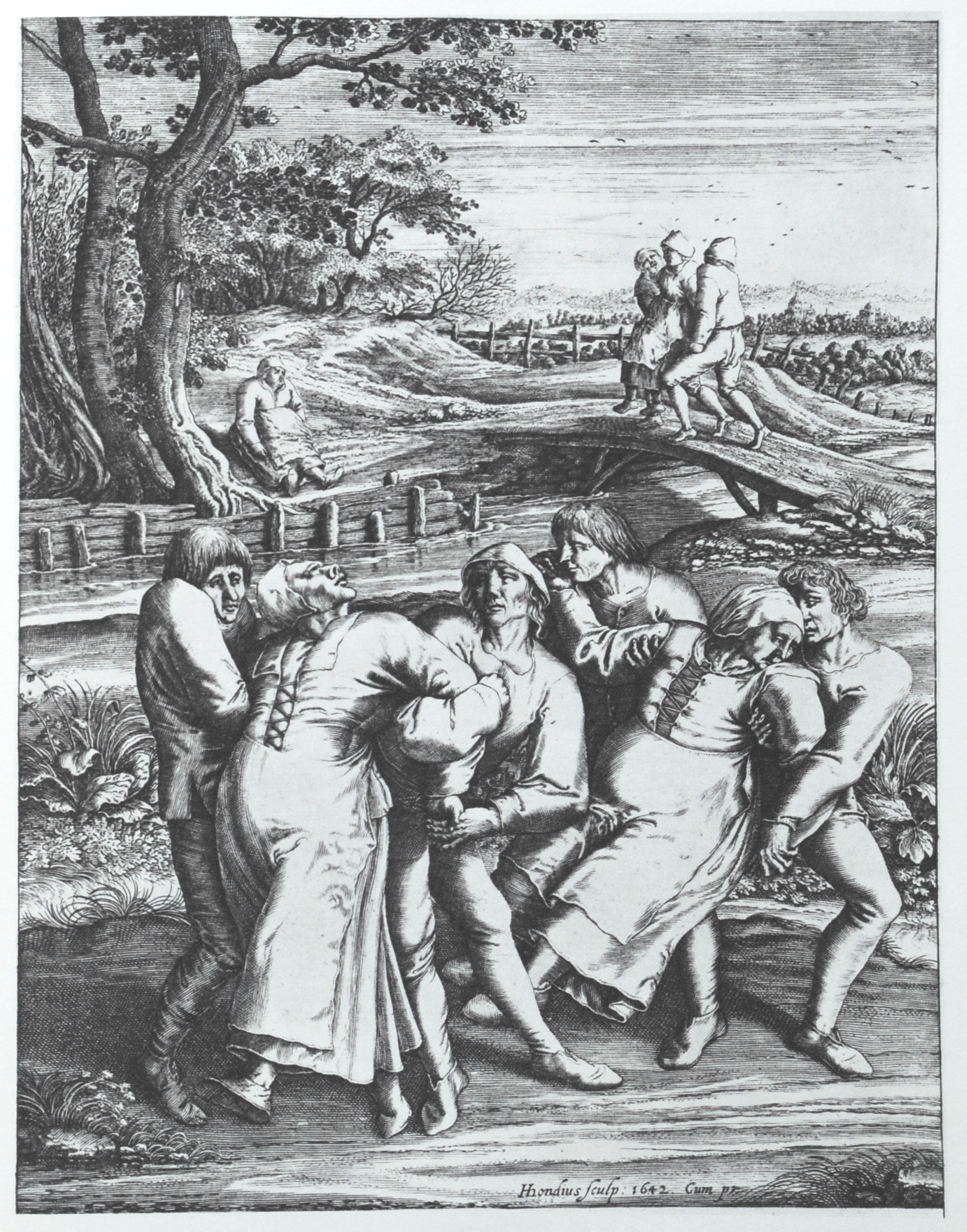 Pilgrimage of the dancing plague sufferers to Meulebeeck, medieval engraving