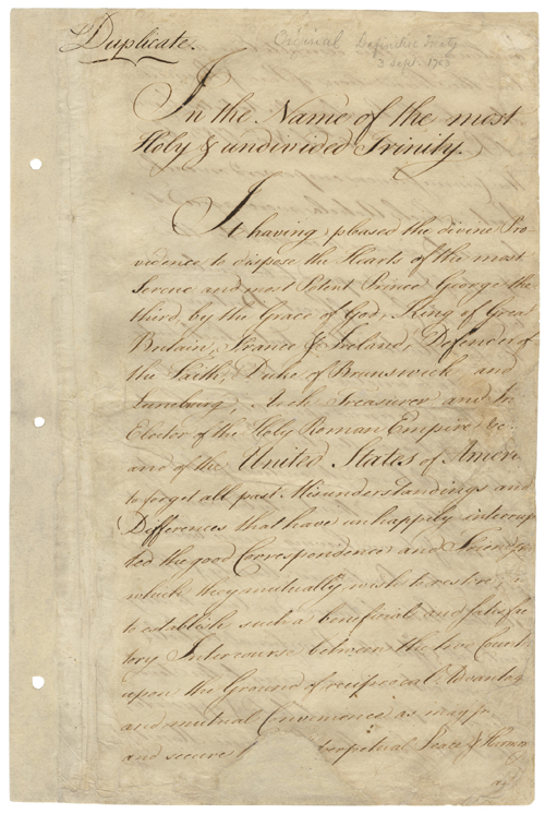 First page of the Treaty of Paris, 1783, by which Britain recognised the United States as independent.